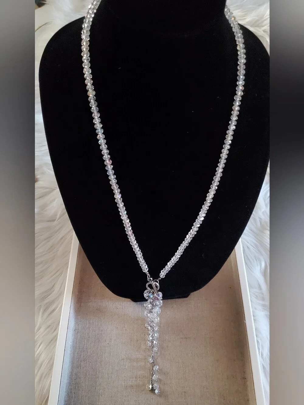 Long Clear Beaded Crystal Look Pendant Necklace Silver Tone Statement NWOT